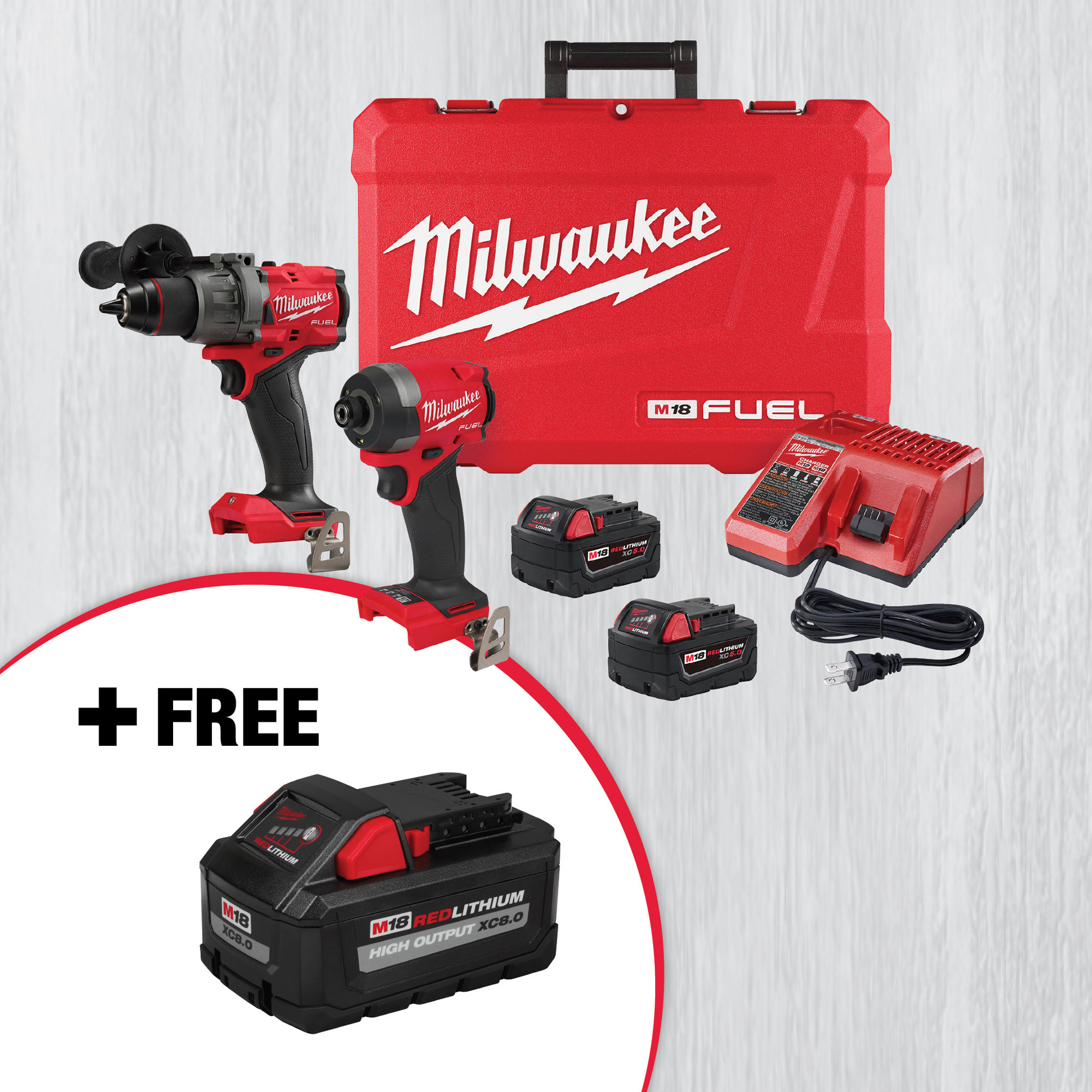 Milwaukee M18 FUEL 2-Tool Combo Kit with Free High Output XC8.0 Battery Pack, 1/2in. Hammer Drill/Driver, 1/4in. Hex Impact Driver, 2 XC5.0 Batteries, Charger